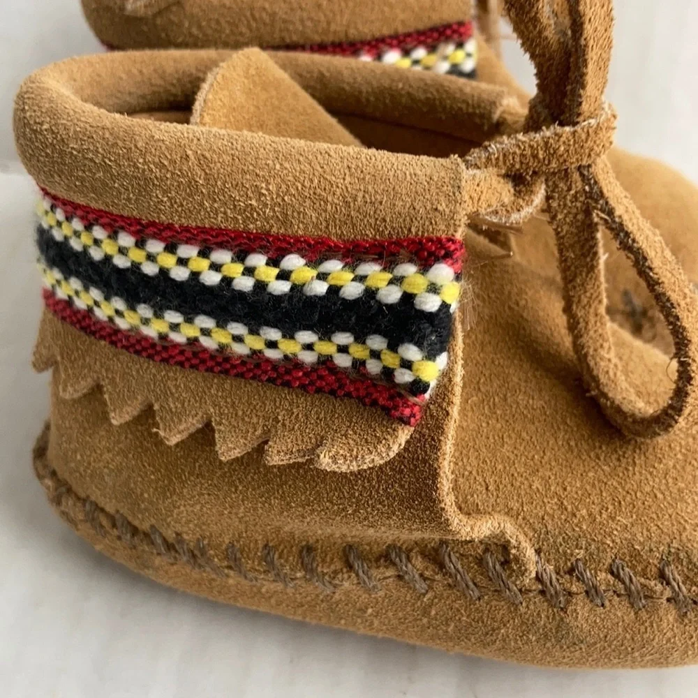 Baby Minnetonka Moccasin brown suede yellow black red braided booties with tie